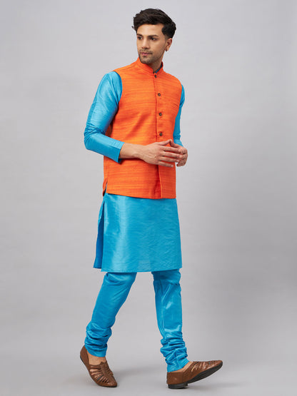 Men's Aqua Silk Blend Straight Jacket  Kurta and Pyjama Set