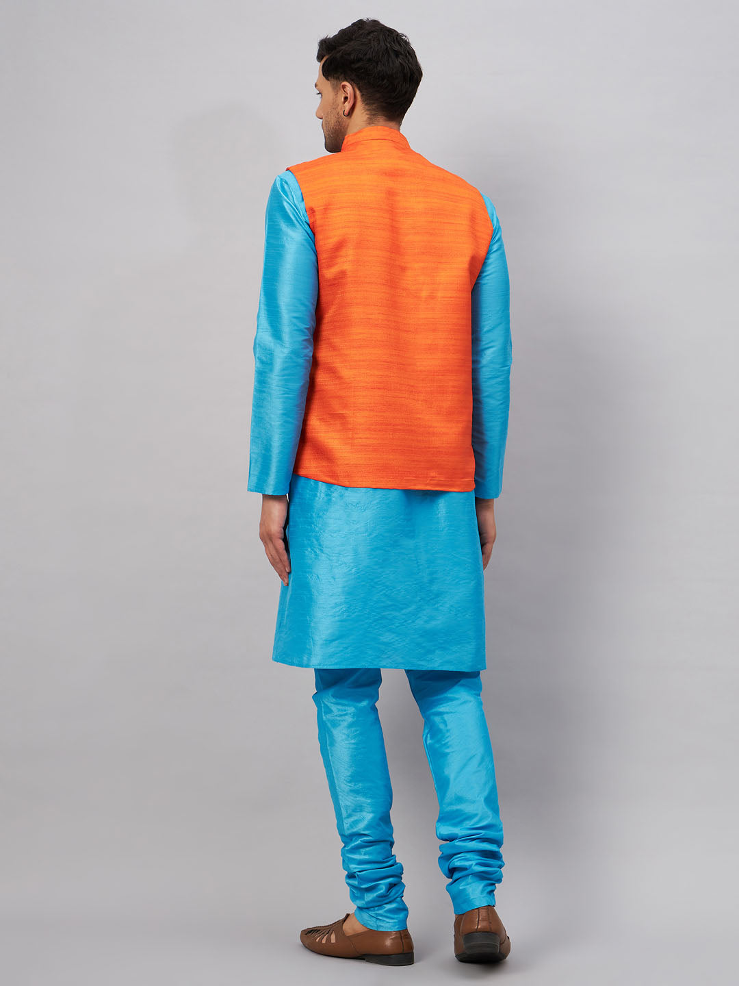 Men's Aqua Silk Blend Straight Jacket  Kurta and Pyjama Set
