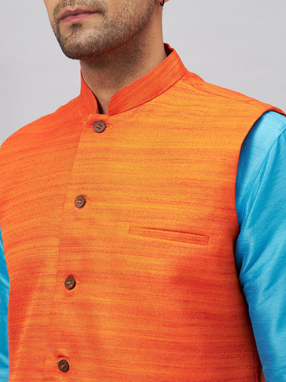 Men's Aqua Silk Blend Straight Jacket  Kurta and Pyjama Set
