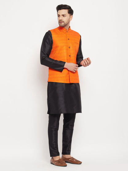 Men's Black Silk Blend Straight Jacket  Kurta and Pyjama Set