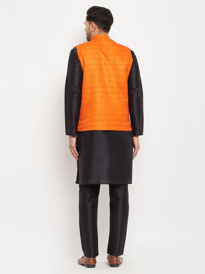 Men's Black Silk Blend Straight Jacket  Kurta and Pyjama Set
