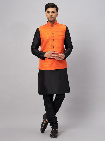 Men's Black Silk Blend Straight Jacket  Kurta and Pyjama Set
