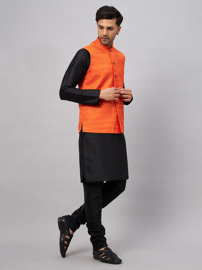 Men's Black Silk Blend Straight Jacket  Kurta and Pyjama Set