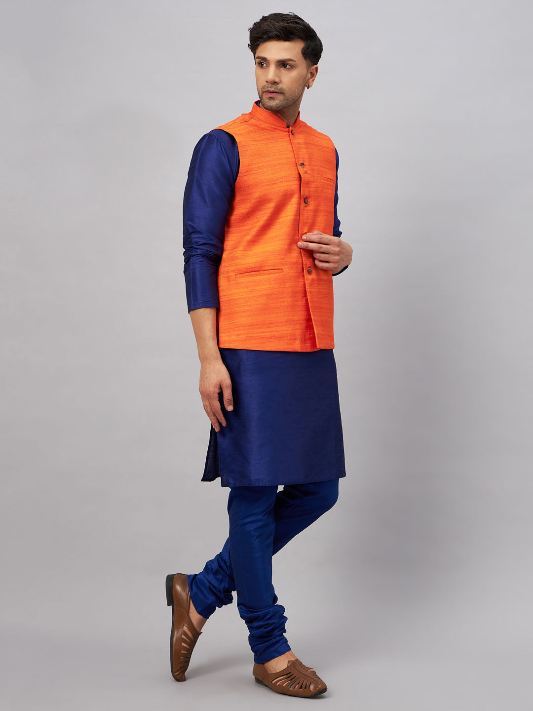Men's Blue Silk Blend Straight Jacket  Kurta and Pyjama Set
