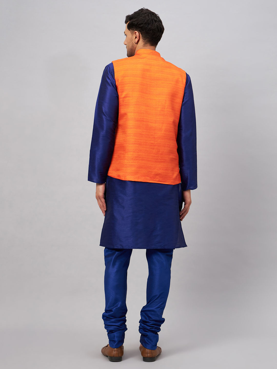 Men's Blue Silk Blend Straight Jacket  Kurta and Pyjama Set
