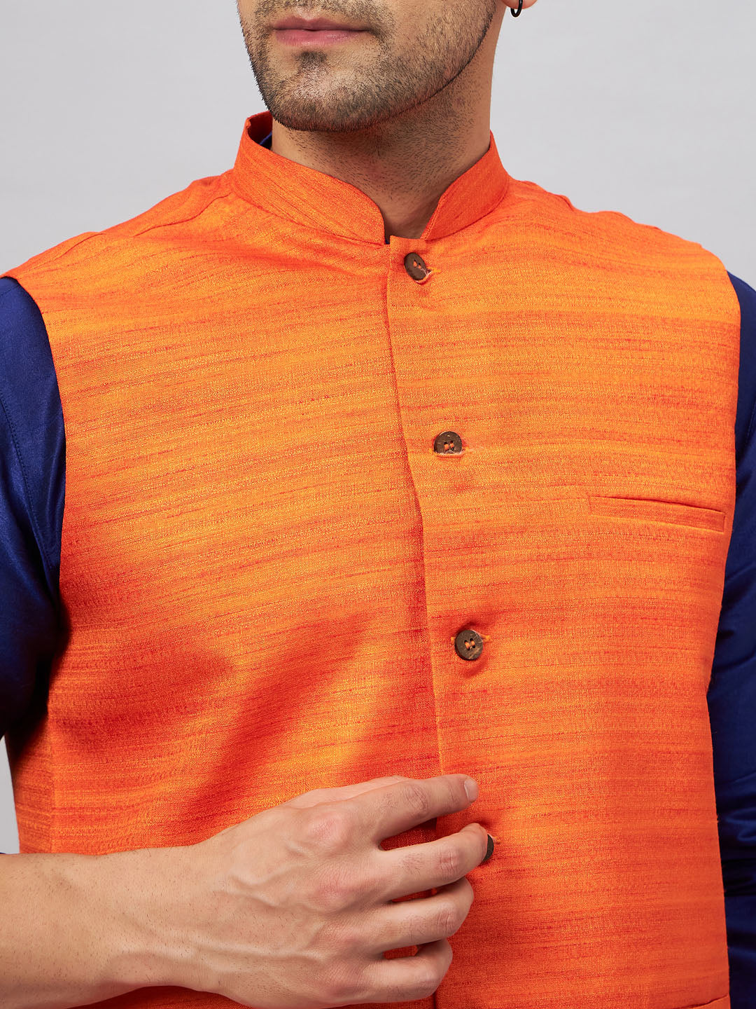 Men's Blue Silk Blend Straight Jacket  Kurta and Pyjama Set