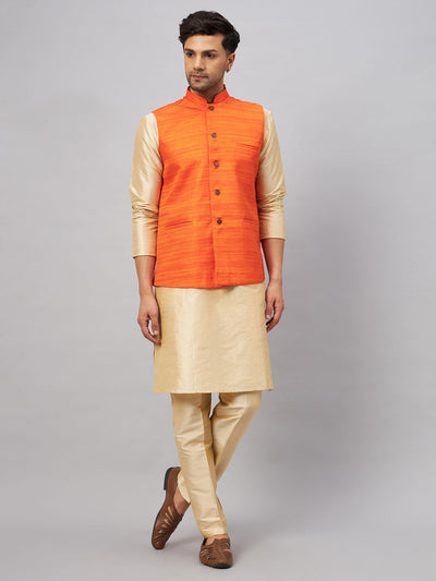 Men's Gold Silk Blend Straight Jacket  Kurta and Pyjama Set