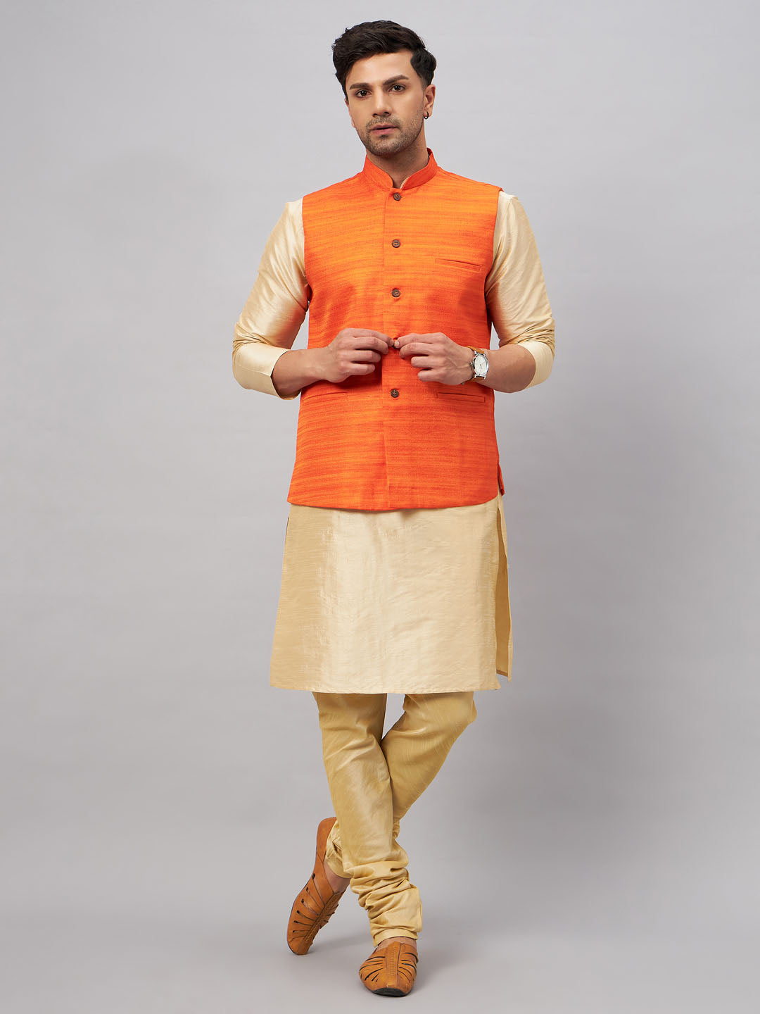 Men's Gold Silk Blend Straight Jacket  Kurta and Pyjama Set