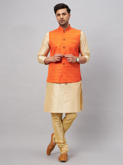 Men's Gold Silk Blend Straight Jacket  Kurta and Pyjama Set
