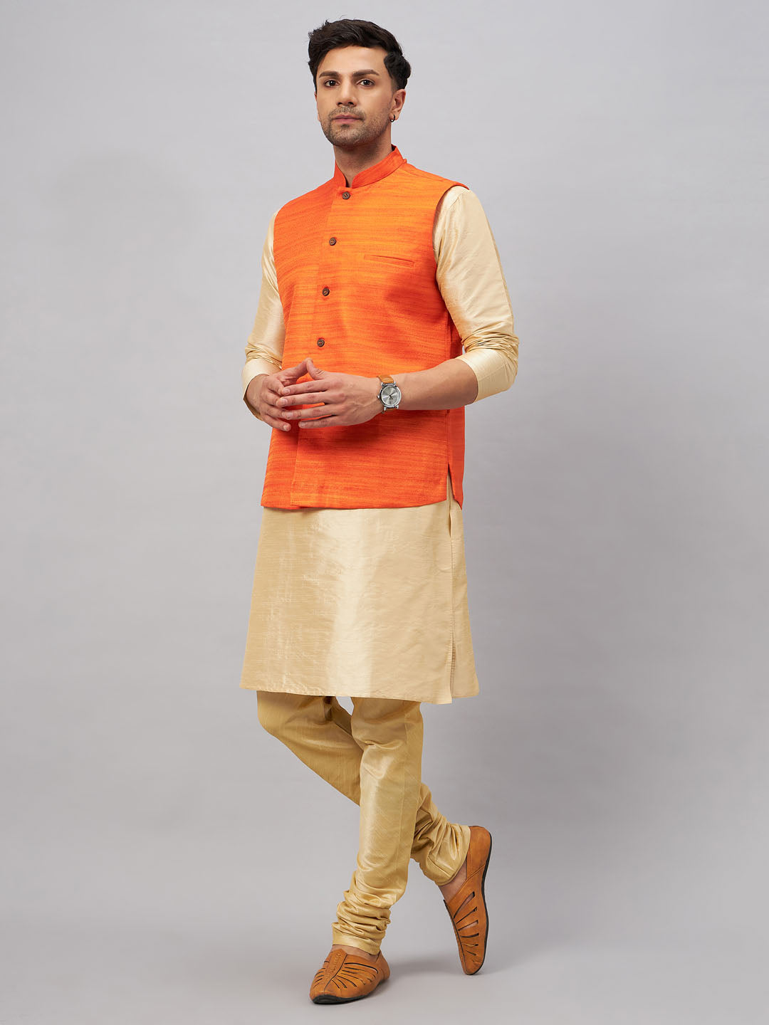 Men's Gold Silk Blend Straight Jacket  Kurta and Pyjama Set