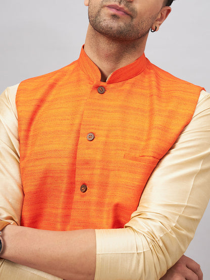 Men's Gold Silk Blend Straight Jacket  Kurta and Pyjama Set