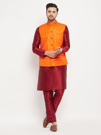 Men's Maroon Silk Blend Straight Jacket  Kurta and Pyjama Set