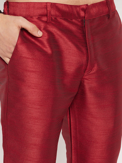 Men's Maroon Silk Blend Straight Jacket  Kurta and Pyjama Set