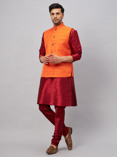 Men's Maroon Silk Blend Straight Jacket  Kurta and Pyjama Set