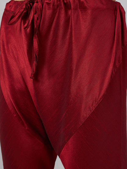 Men's Maroon Silk Blend Straight Jacket  Kurta and Pyjama Set