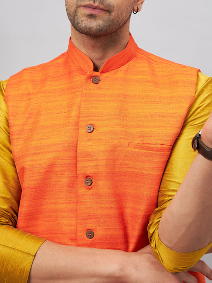 Men's Mustard Silk Blend Straight Jacket  Kurta and Pyjama Set