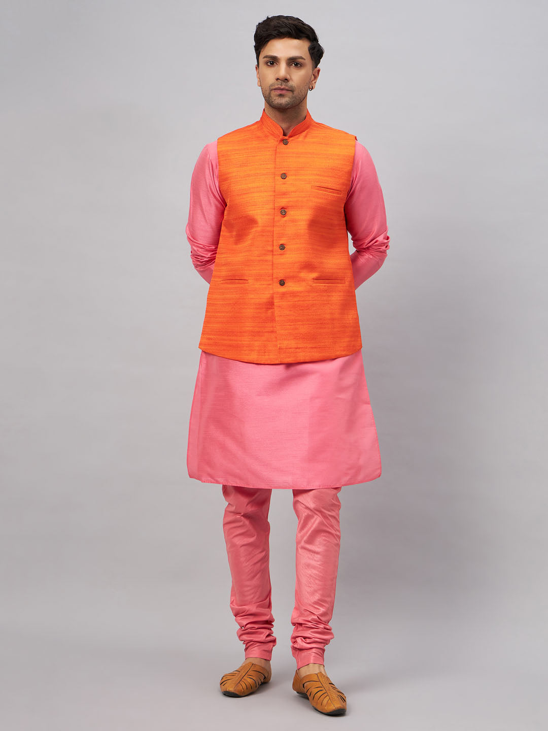 Men's Pink Silk Blend Straight Jacket  Kurta and Pyjama Set