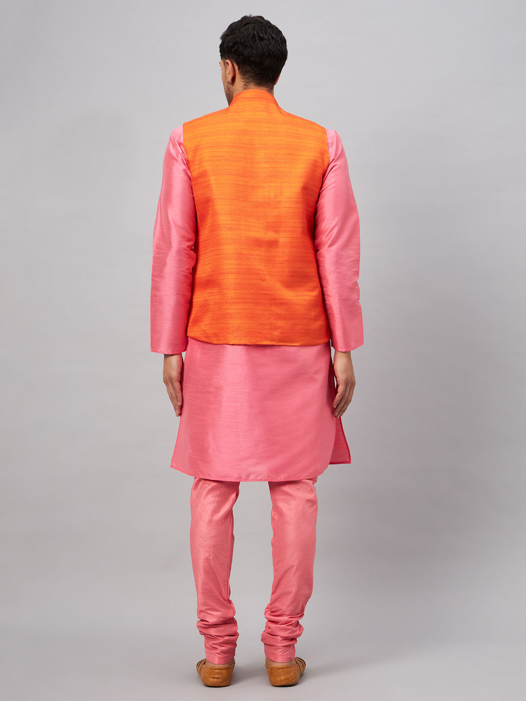 Men's Pink Silk Blend Straight Jacket  Kurta and Pyjama Set