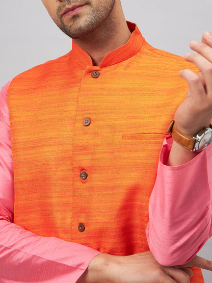 Men's Pink Silk Blend Straight Jacket  Kurta and Pyjama Set