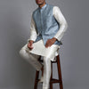 Men's Cream Silk Blend Straight Jacket  Kurta and Pyjama Set