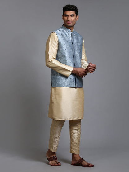 Men's Gold Silk Blend Straight Jacket  Kurta and Pyjama Set
