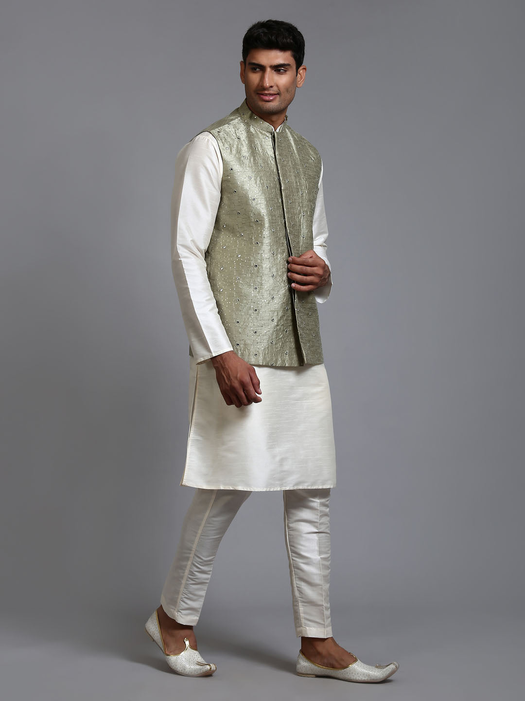 Men's Cream Silk Blend Straight Jacket  Kurta and Pyjama Set