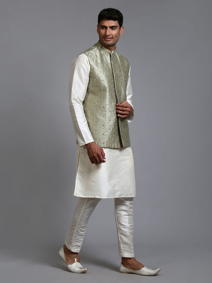 Men's Cream Silk Blend Straight Jacket  Kurta and Pyjama Set