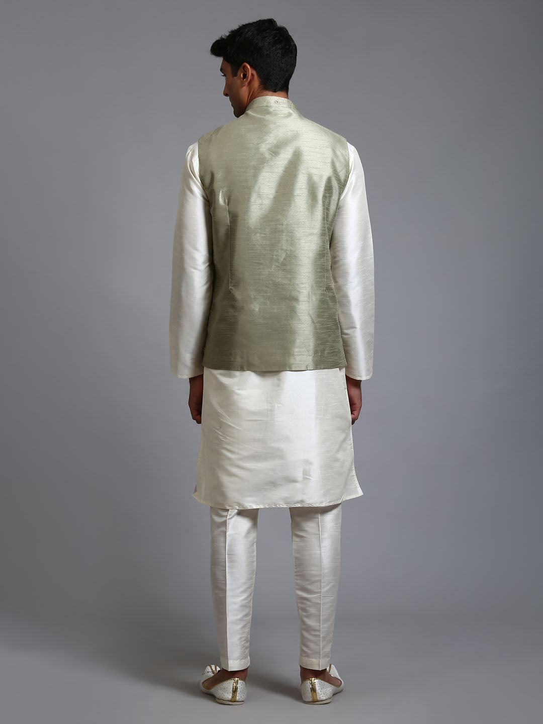 Men's Cream Silk Blend Straight Jacket  Kurta and Pyjama Set