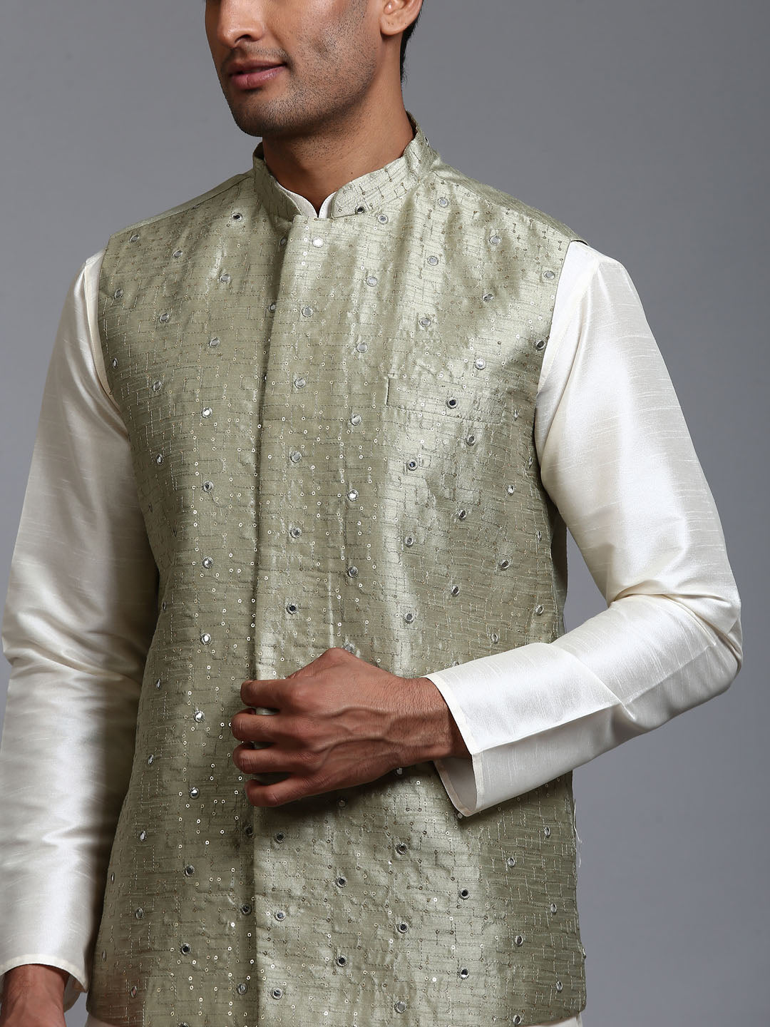 Men's Cream Silk Blend Straight Jacket  Kurta and Pyjama Set