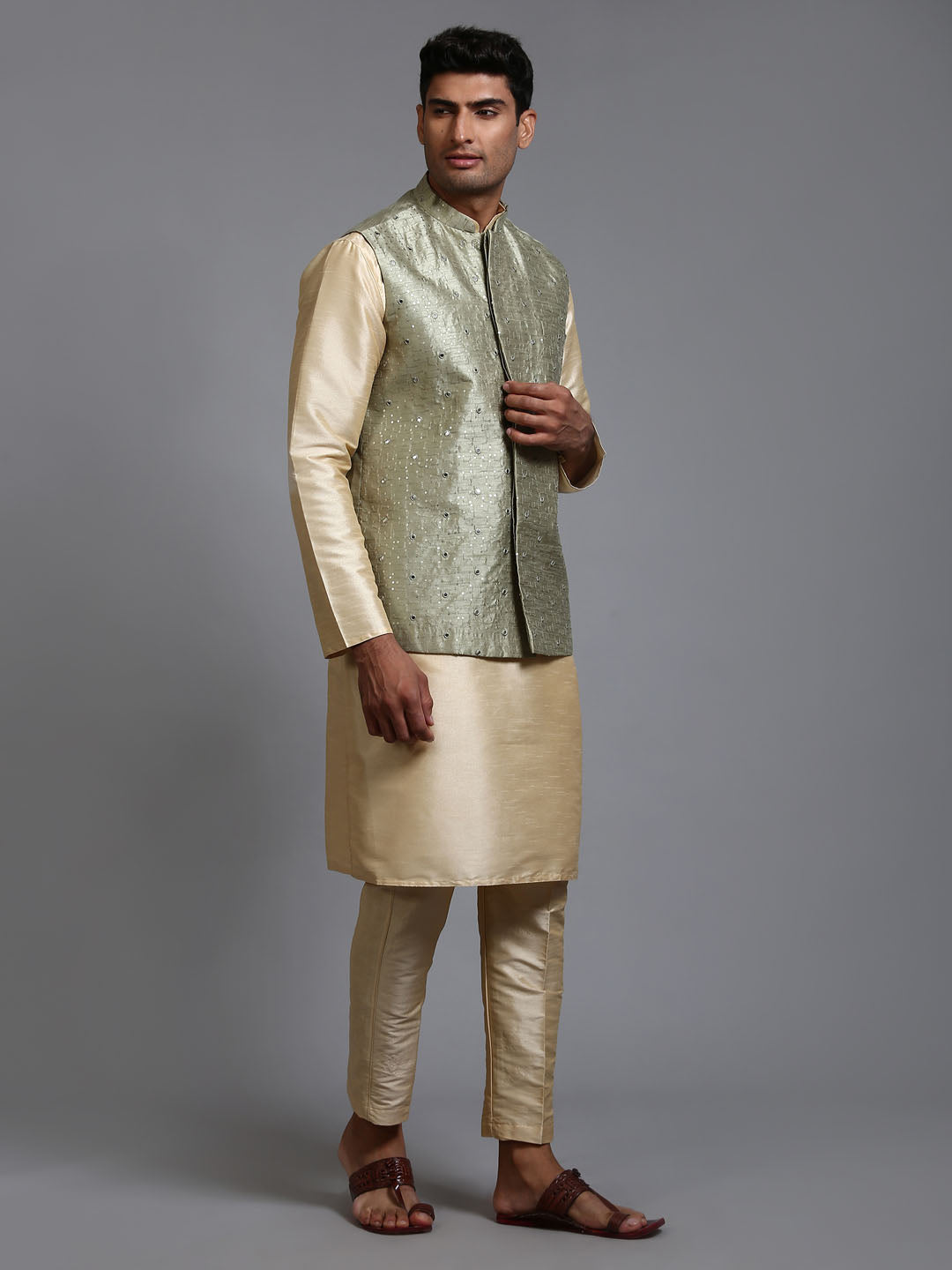 Men's Gold Silk Blend Straight Jacket  Kurta and Pyjama Set