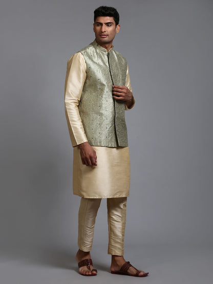 Men's Gold Silk Blend Straight Jacket  Kurta and Pyjama Set