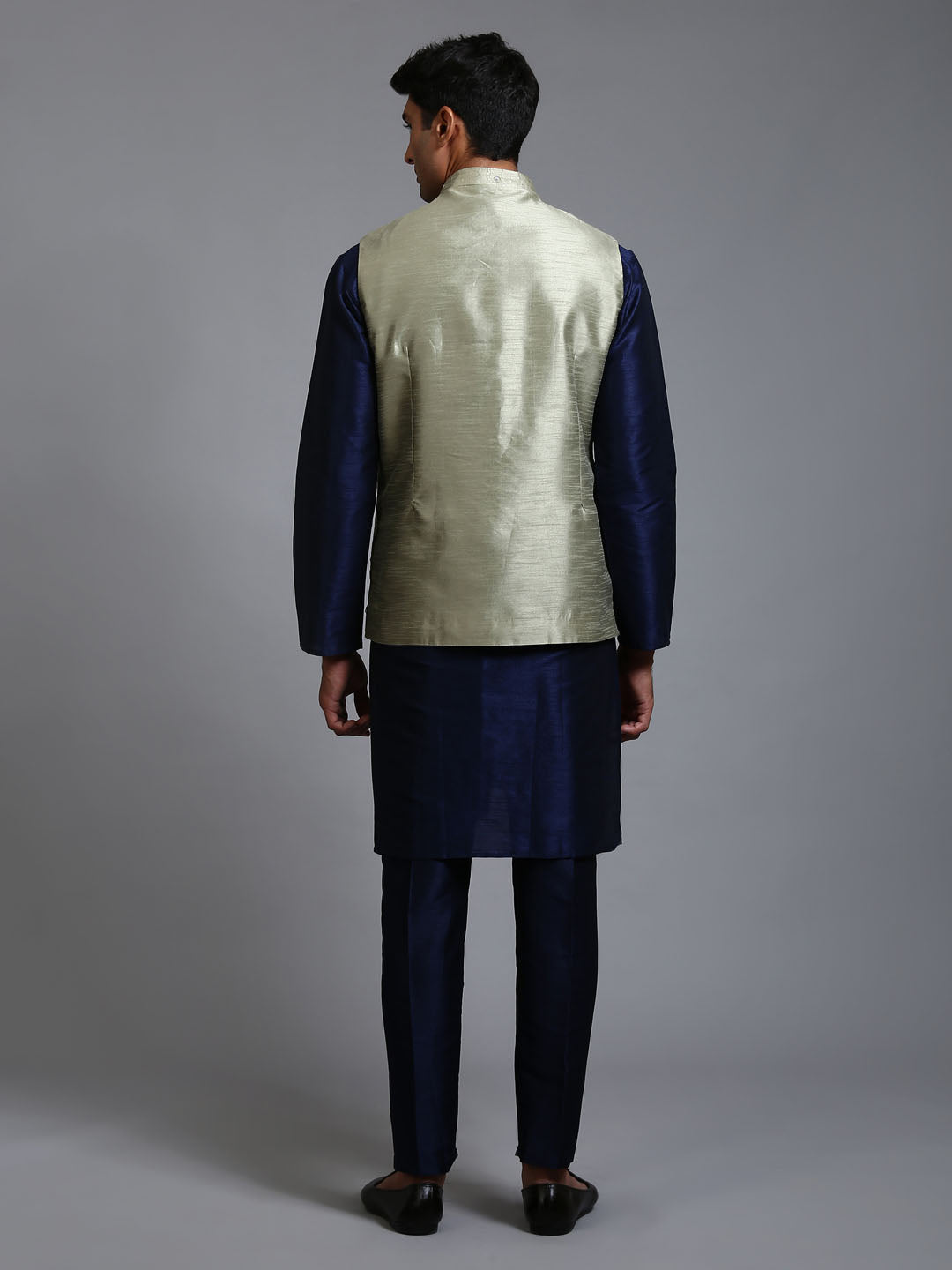 Men's Navy Blue Silk Blend Straight Jacket  Kurta and Pyjama Set