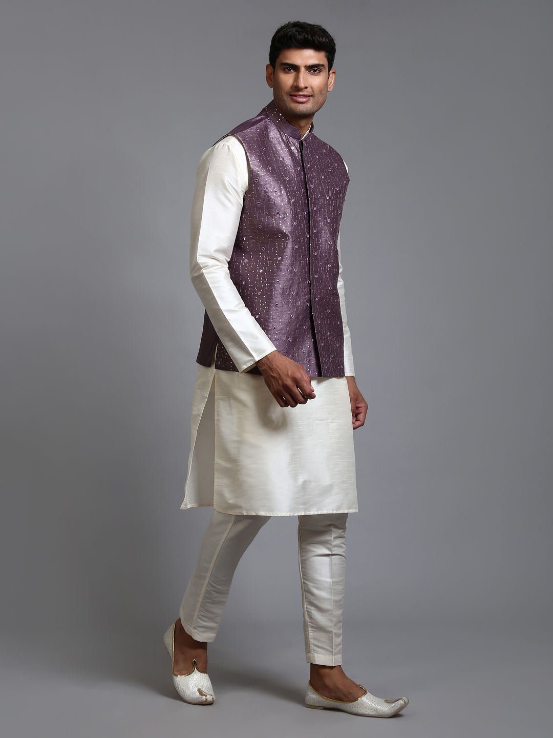 Men's Cream Silk Blend Straight Jacket  Kurta and Pyjama Set