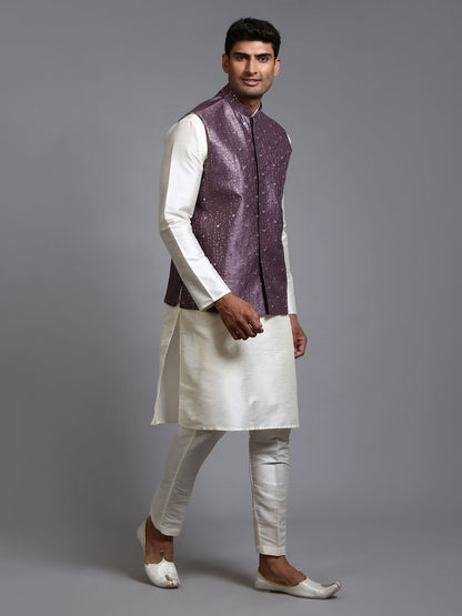 Men's Cream Silk Blend Straight Jacket  Kurta and Pyjama Set