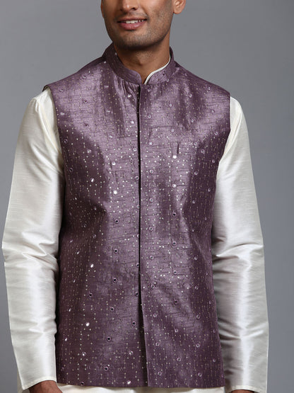 Men's Cream Silk Blend Straight Jacket  Kurta and Pyjama Set
