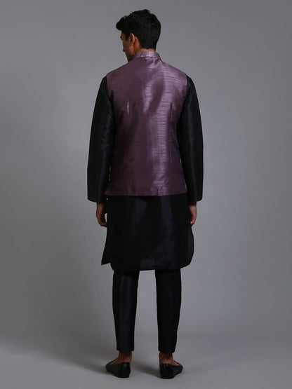 Men's Black Silk Blend Straight Jacket  Kurta and Pyjama Set