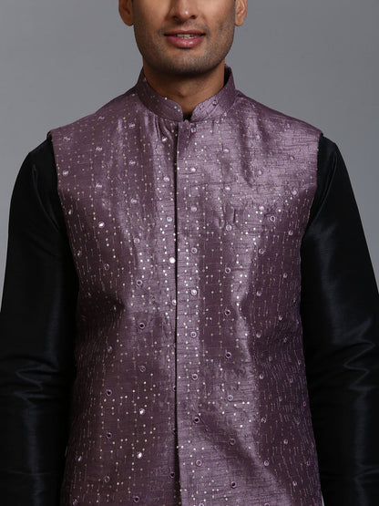 Men's Black Silk Blend Straight Jacket  Kurta and Pyjama Set