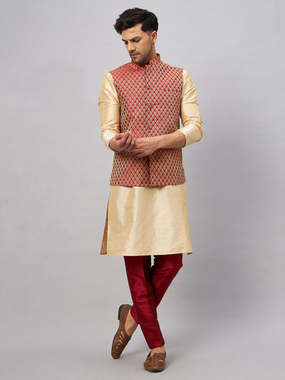 Men's Gold Silk Blend Straight Jacket  Kurta and Pyjama Set