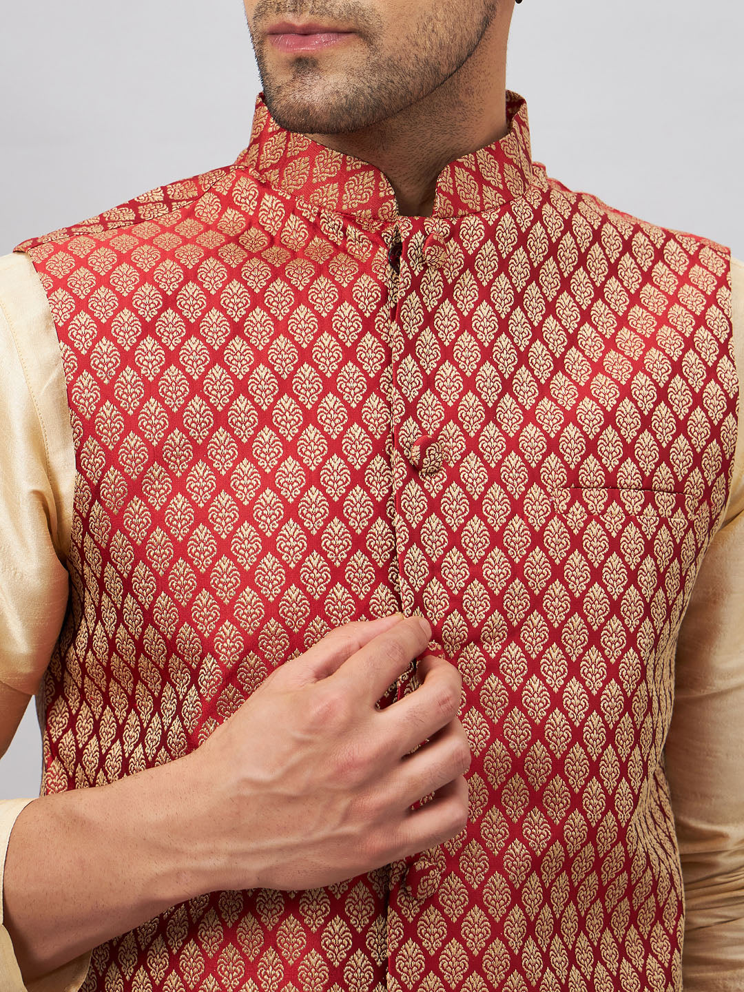 Men's Gold Silk Blend Straight Jacket  Kurta and Pyjama Set