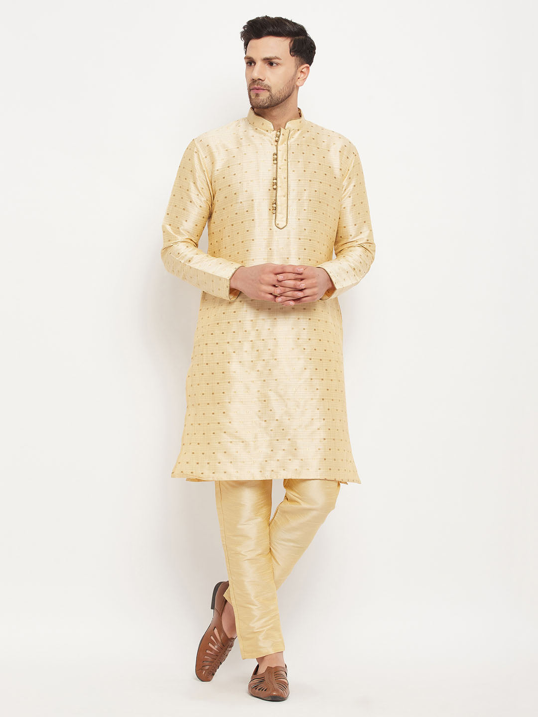 Men's Gold Silk Blend Straight Kurta Pyjama Set