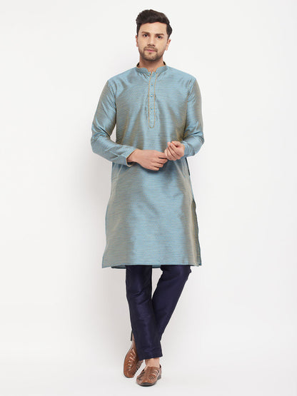 Men's Aqua Silk Blend Straight Kurta Pyjama Set