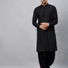 Men's Black Cotton Blend Pathani Kurta And Patiala Set