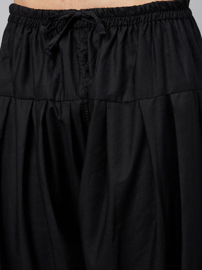 Men's Black Cotton Blend Pathani Kurta And Patiala Set
