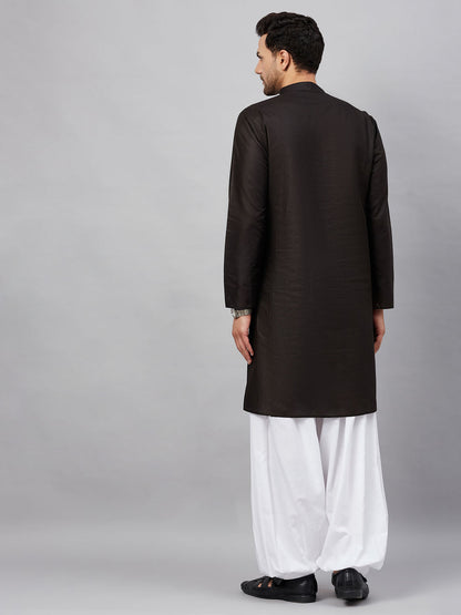 Men's Black Cotton Straight Kurta And Patiala Set