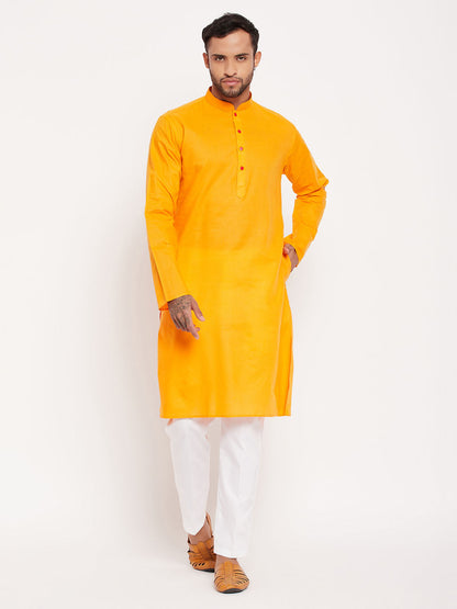 Men's Orange Cotton Straight Kurta Pyjama Set