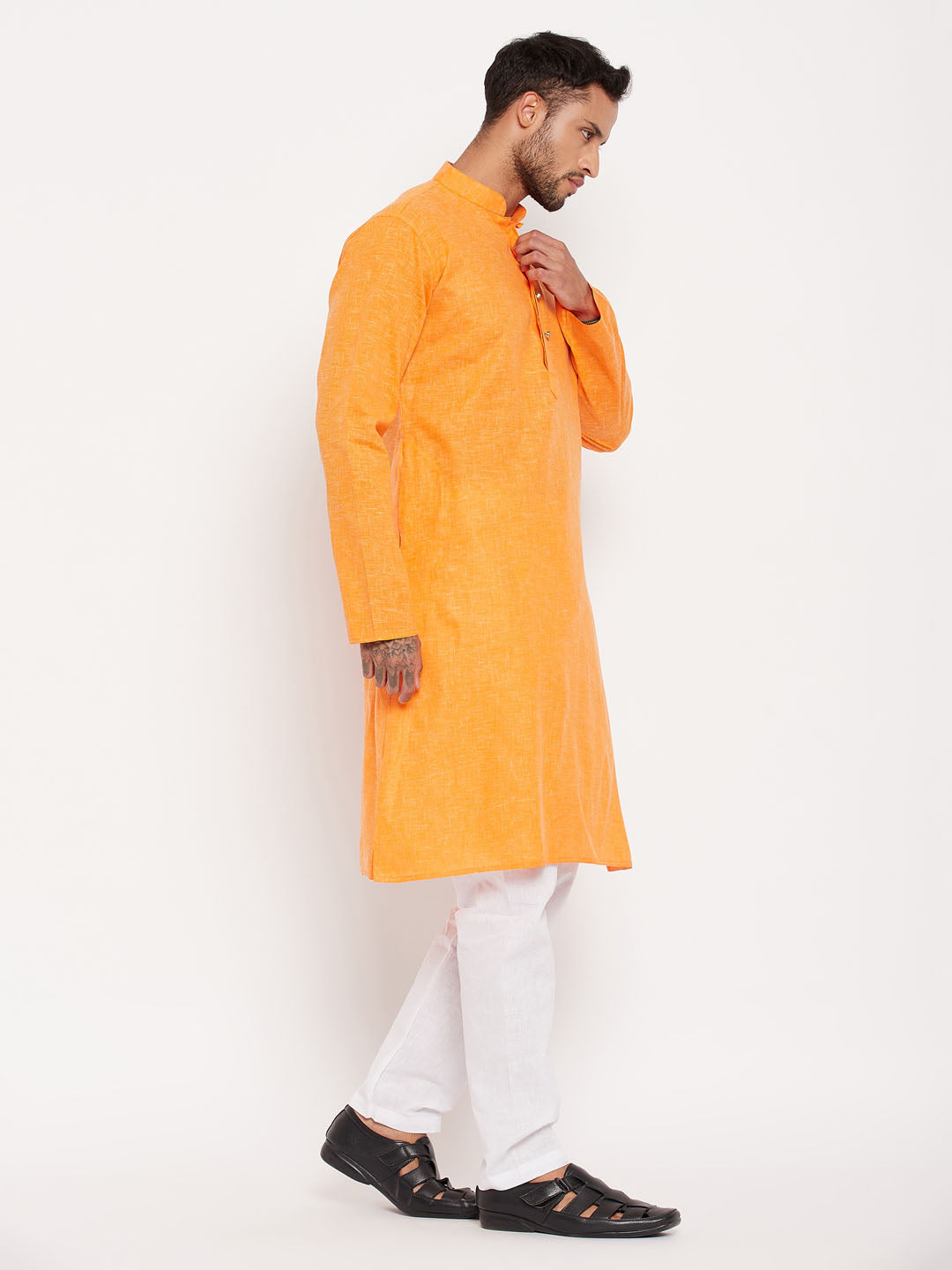 Men's Orange Cotton Straight Kurta Pyjama Set