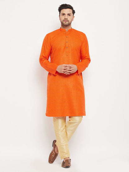 Men's Orange Silk Blend Straight Kurta Pyjama Set