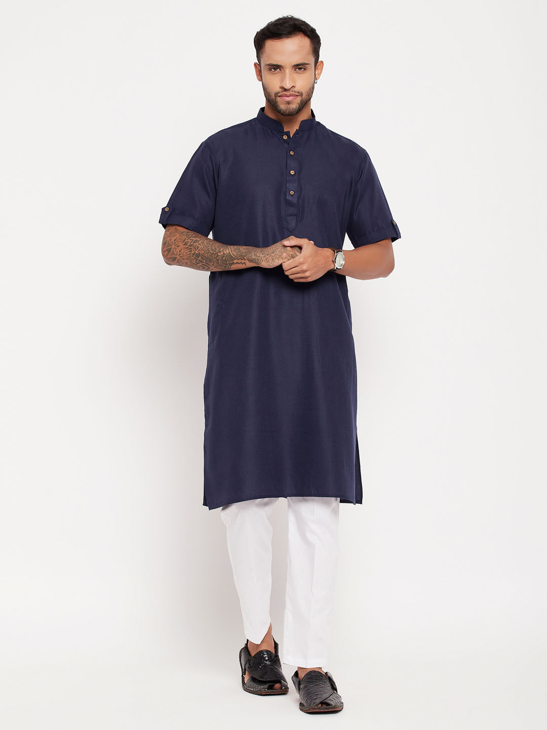 Men's Navy Blue Cotton Straight Kurta Pyjama Set