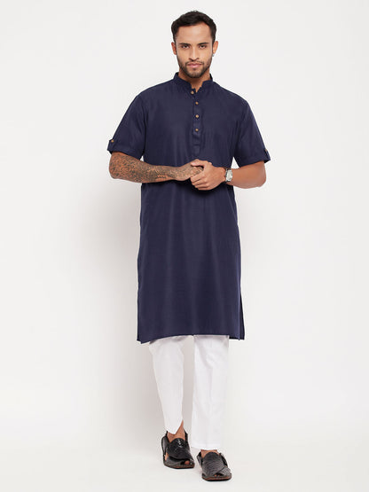 Men's Navy Blue Cotton Straight Kurta Pyjama Set
