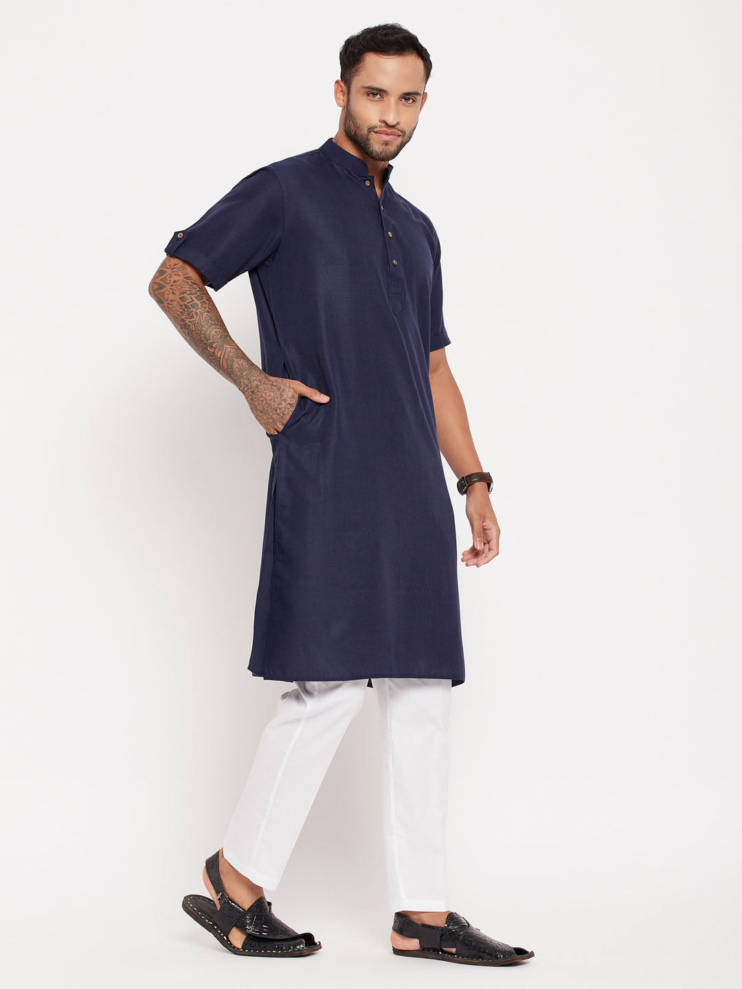 Men's Navy Blue Cotton Straight Kurta Pyjama Set